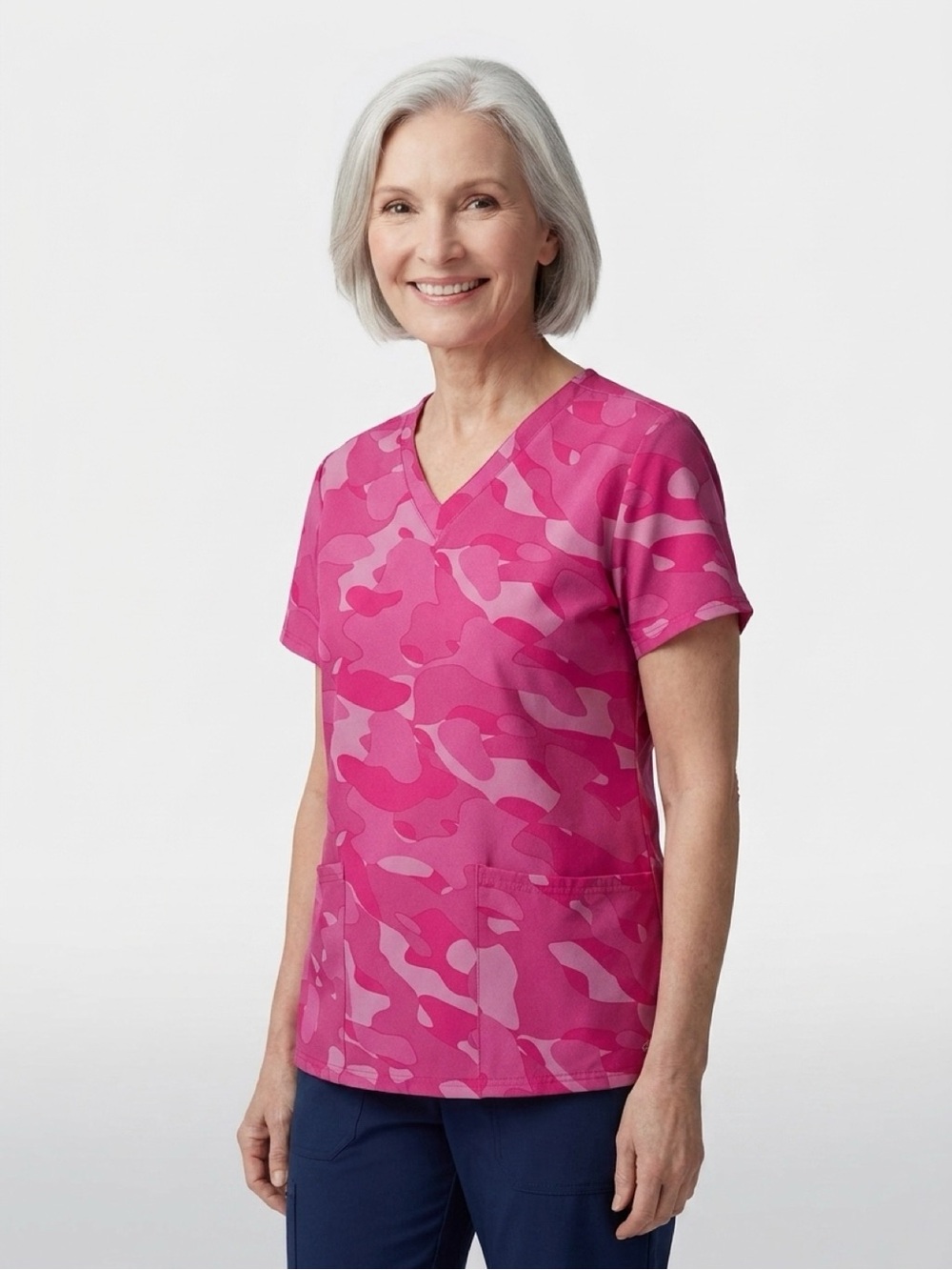 Easy Stretch Pink Camo V-Neck Scrub Top Women’s L Stretch Pocket
